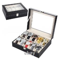 10 slots pu leather watch/bracelet display box glass top jewelry case organizer