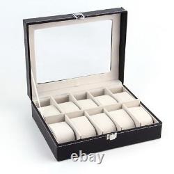 10 slots pu leather watch/bracelet display box glass top jewelry case organizer