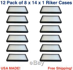 12 Pack of 8 x 14 x 1 Riker Display Cases Boxes with Black Carrying Case