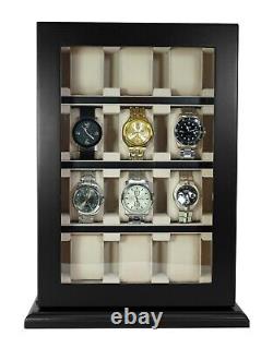 12 Piece Black Ebony Wood Watch Display Wall Hanging Case and Storage Organizer