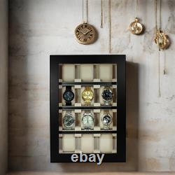 12 Piece Black Ebony Wood Watch Display Wall Hanging Case and Storage Organizer