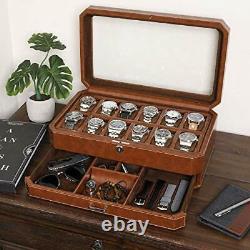 12 Slot Leather Watch Box with Valet Drawer Luxury Watch Case Display