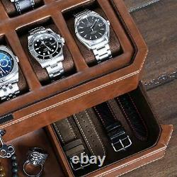 12 Slot Leather Watch Box with Valet Drawer Luxury Watch Case Display