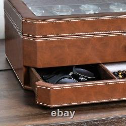 12 Slot Leather Watch Box with Valet Drawer -Luxury Watch Case Display Organizer