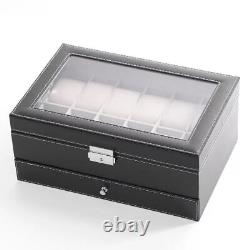 12 Slot PU Leather Lockable Watch Storage Boxes Jewelry Display Drawer Case