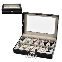 12 Slot Watch Box Leather Display Case Organizer Top Glass Jewelry Storage Black