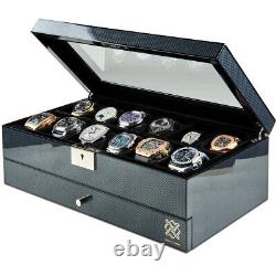 12 Slot Watch Box Organizer with Valet Drawer, Glass Display and Lock