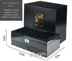 12 Slot Watch Box Organizer with Valet Drawer, Glass Display and Lock