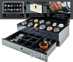 12 Slot Watch Box Organizer with Valet Drawer, Glass Display and Lock