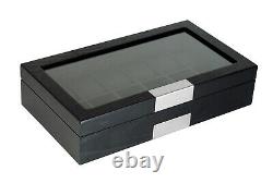 12 Slot Watch Storage Display Chest Box Case Black Oak Wooden Glass Top Cabinet