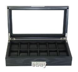 12 Slot Watch Storage Display Chest Box Case Black Oak Wooden Glass Top Cabinet