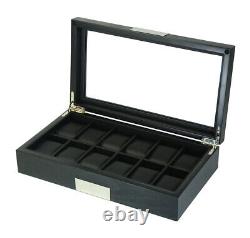 12 Slot Watch Storage Display Chest Box Case Black Oak Wooden Glass Top Cabinet