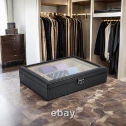 12 Tie Display Case Black Carbon Belts Mens Accessories Storage Box Fathers Gift