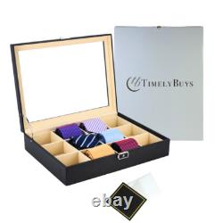 12 Tie Display Case Black Carbon Belts Mens Accessories Storage Box Fathers Gift