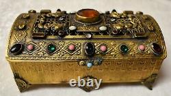 1915 Worlds Fair Ppie La Tausca Brass Ormolu Jeweled Casket Jewelry Vanity Box
