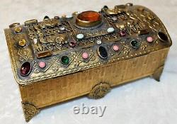 1915 Worlds Fair Ppie La Tausca Brass Ormolu Jeweled Casket Jewelry Vanity Box