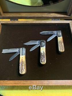 1982 Case XX Barlow 3 Piece Stag Knife Set With Wooden Display Box 1416- 5000