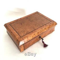 19th Century Maple Bur Inlay JEWELLERY Trinket Display Case Box & Key