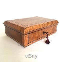 19th Century Maple Bur Inlay JEWELLERY Trinket Display Case Box & Key