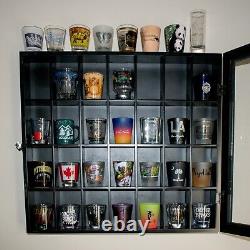 2 DISPLAY CASES withGlass Wood Shadow Box Cabinets WITH 47 shot glasses