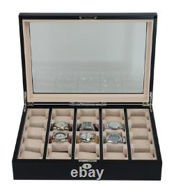 20 Piece Black Ebony Wood Watch Display Wall Hanging Case and Storage Organizer