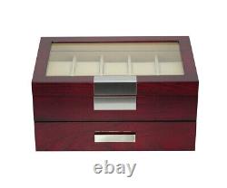 20 Slots Wooden Watch Display Case Jewelry Collection Storage Box with Glass Top