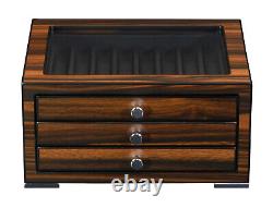 24 Pen slot Fountain Ebony Wood glass Display Case Organizer Storage Box Jewelry