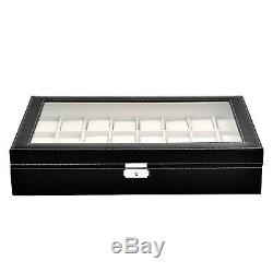 24 Slot Watch Box Leather Display Case Organizer Top Glass Jewelry Storage Black