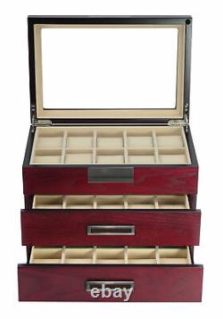 30-Piece Cherry Wood Watch Extra Clearance Display Case Drawer Organizer Box
