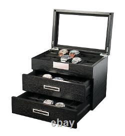 30 Watch Black Wood Display Case Extra Height Drawer Storage Box Stainless Steel