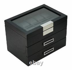 30 Watch Black Wood Display Case Extra Height Drawer Storage Box Stainless Steel