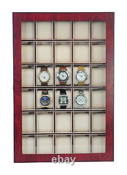 30 Watch Cherry Wood Display Wall Case Stand Rosewood Storage Organizer Box Hang