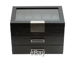 30 Wrist Watch Black Oak Wood Leather Storage Chest Display Box Case Cabinet