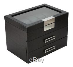 30 Wrist Watch Black Oak Wood Leather Storage Chest Display Box Case Cabinet