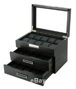 30 Wrist Watch Black Oak Wood Leather Storage Chest Display Box Case Cabinet