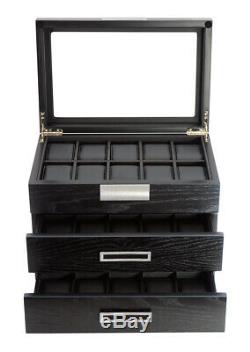 30 Wrist Watch Black Oak Wood Leather Storage Chest Display Box Case Cabinet