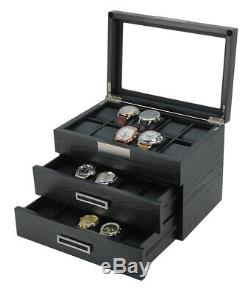 30 Wrist Watch Black Oak Wood Leather Storage Chest Display Box Case Cabinet