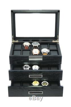 30 Wrist Watch Black Oak Wood Leather Storage Chest Display Box Case Cabinet