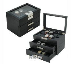 30 Wrist Watch Black Oak Wood Leather Storage Chest Display Box Case Cabinet