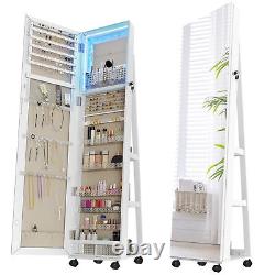 360° Swivel Jewelry Cabinet withFull Length LED Mirror Lockable Armoire Organizer