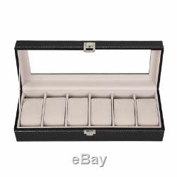 6 Slot Leather Watch Box Display Case Organizer Glass Top Jewelry Storage