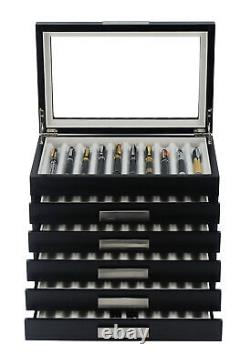 60 Piece Personalized Black Ebony Wood Six Level Fountain Pen Display Case Box