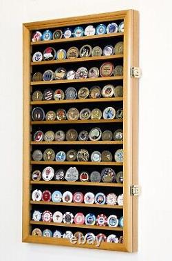 90 Challenge Coin Display Case Adjustable Oak Military Cabinet Wood Shadow Box