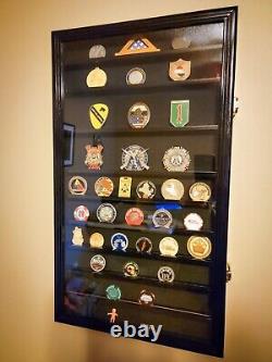 90 Challenge Coin Display Case Adjustable Oak Military Cabinet Wood Shadow Box