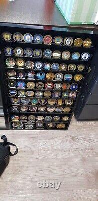 90 Challenge Coin Display Case Adjustable Oak Military Cabinet Wood Shadow Box