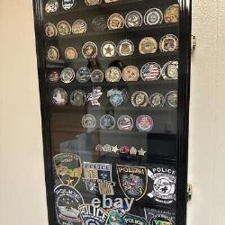 90 Challenge Coin Display Case Adjustable Oak Military Cabinet Wood Shadow Box