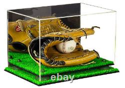 Acrylic Baseball Glove Display Case with Mirror, Green Risers&TurfBase(A004)