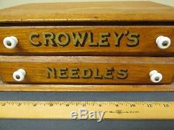 Antique 2 Drawer Crowley's Wooden Needles Thread Spool Sewing Box Cabinet