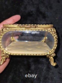 Antique Filigree Ormolu Jewelry Box Casket With Beveled Glass Display Case