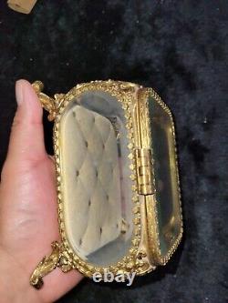 Antique Filigree Ormolu Jewelry Box Casket With Beveled Glass Display Case